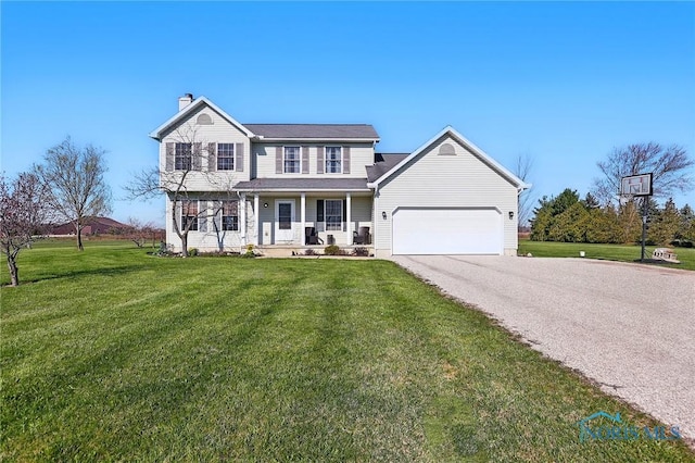traditional-style home featuring a garage, a chimney, driveway, a porch, and a front yard