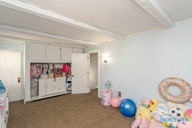 3715 Watson Ave, Toledo, OH 43612 - playroom featuring beamed ceiling, dark colored carpet, and visible vents