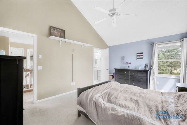 1605 Eaglecrest Rd, Perrysburg, OH 43551 - carpeted bedroom with high vaulted ceiling, ensuite bath, baseboards, and a ceiling fan