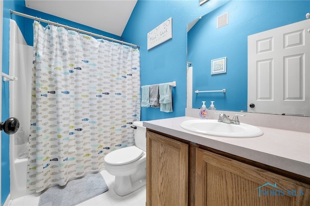 1605 Eaglecrest Rd, Perrysburg, OH 43551 - bathroom with vanity, tile patterned flooring, visible vents, toilet, and shower / tub combo with curtain