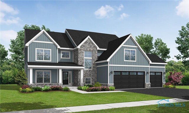 130 Old Dover Rd, Perrysburg, OH 43551 - craftsman inspired home with stone siding, driveway, a front yard, covered porch, and an attached garage