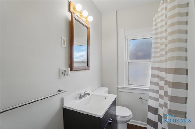 full bathroom featuring toilet, a shower with curtain, vanity, and wood finished floors