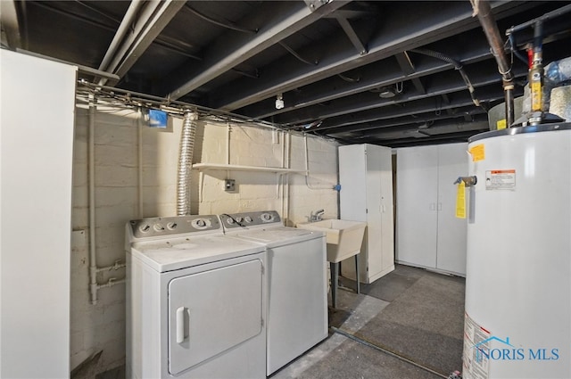 laundry room featuring water heater, washing machine and dryer, a sink, and laundry area