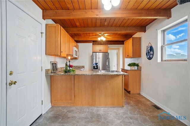 kitchen featuring stainless steel fridge with ice dispenser, baseboards, wooden ceiling, a peninsula, and white microwave