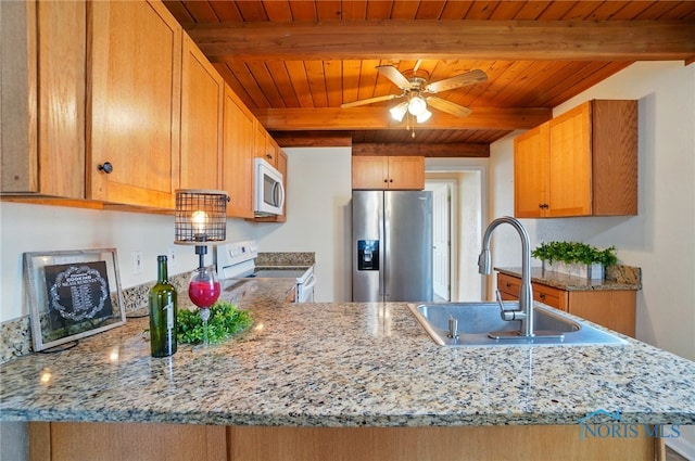 kitchen with beamed ceiling, white appliances, a peninsula, wood ceiling, and a sink