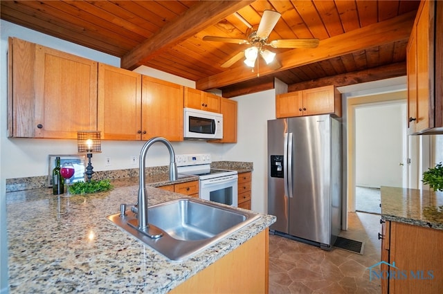 kitchen featuring white appliances, a ceiling fan, wood ceiling, a sink, and beam ceiling
