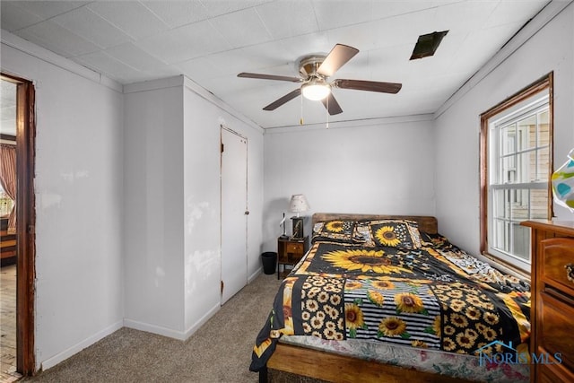 bedroom with baseboards, carpet flooring, and ceiling fan