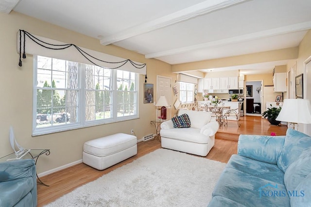 living area featuring light wood-style floors, beam ceiling, and baseboards