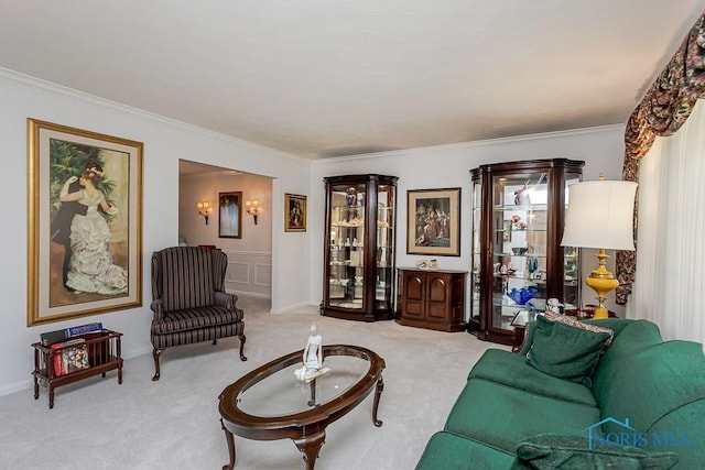 living area featuring carpet flooring and ornamental molding