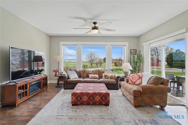 living area with wood finished floors and a ceiling fan