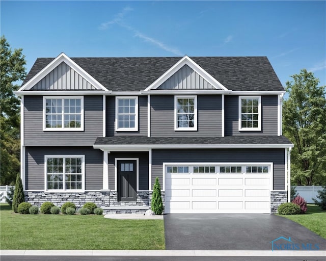 view of front facade with board and batten siding, aphalt driveway, a garage, and a front lawn