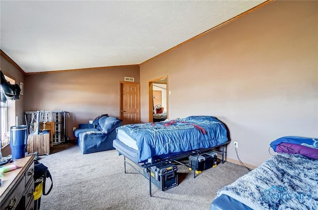 17341 Rd 139, Cecil, OH 45821 - carpeted bedroom featuring vaulted ceiling, visible vents, and crown molding