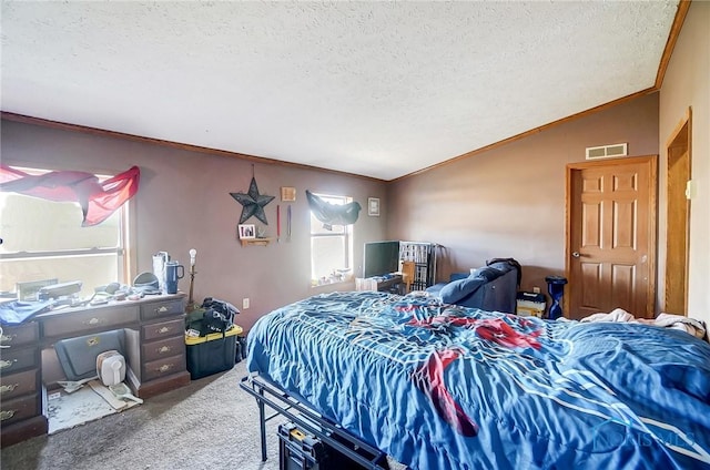 17341 Rd 139, Cecil, OH 45821 - carpeted bedroom featuring a textured ceiling, lofted ceiling, visible vents, and crown molding