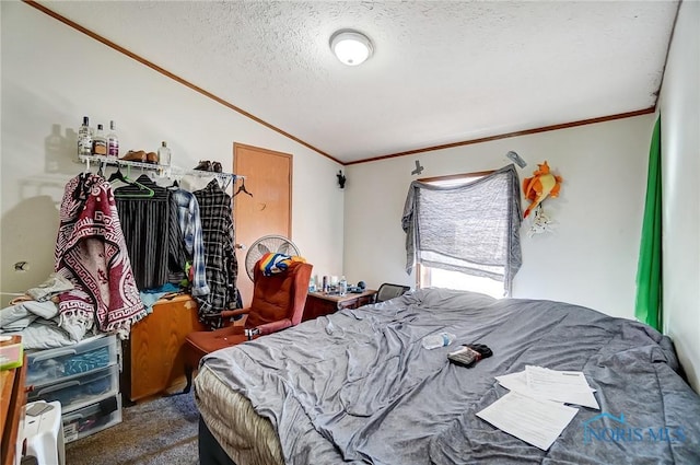 17341 Rd 139, Cecil, OH 45821 - carpeted bedroom with lofted ceiling, a textured ceiling, and ornamental molding
