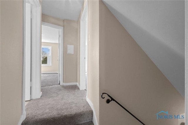 corridor with baseboards and carpet floors