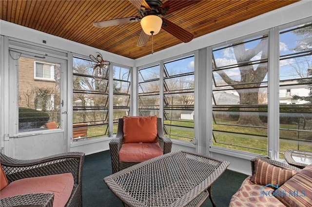 sunroom / solarium featuring a ceiling fan and plenty of natural light