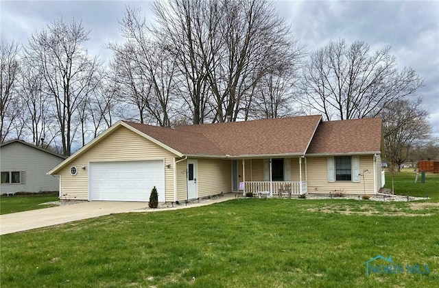 ranch-style house with a porch, driveway, a front yard, and a garage