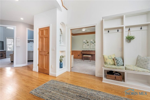 mudroom featuring light wood finished floors, baseboards, recessed lighting, and ceiling fan