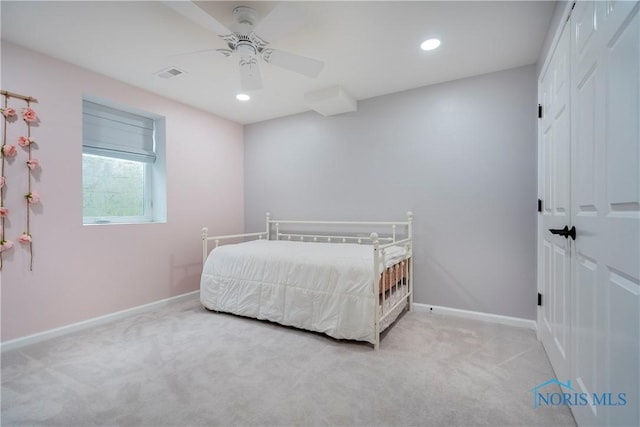 bedroom featuring ceiling fan, baseboards, carpet flooring, visible vents, and recessed lighting