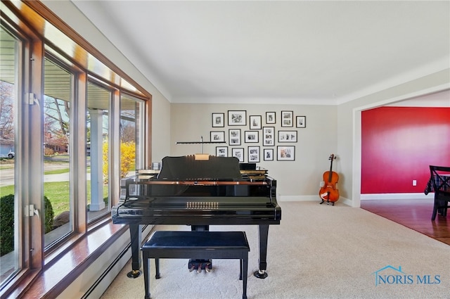 sitting room featuring baseboards, carpet floors, and baseboard heating