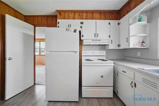 402 S 5th St, Continental, OH 45831 - kitchen with open shelves, wood finished floors, white appliances, and under cabinet range hood