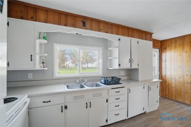 402 S 5th St, Continental, OH 45831 - kitchen featuring open shelves, light wood-style floors, white cabinets, a sink, and white electric range oven