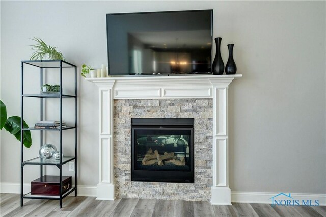 1007 Stoneleigh Rd, Perrysburg, OH 43551 - interior details with a stone fireplace, wood finished floors, and baseboards