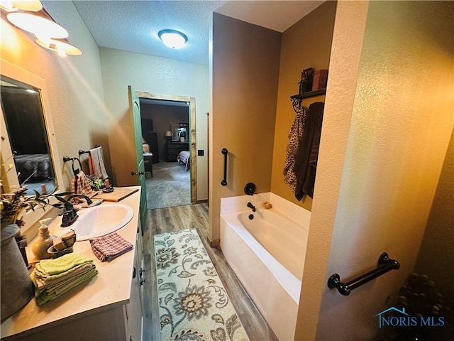 1673 Evan Dr, Defiance, OH 43512 - bathroom with connected bathroom, a bath, vanity, wood finished floors, and a textured ceiling