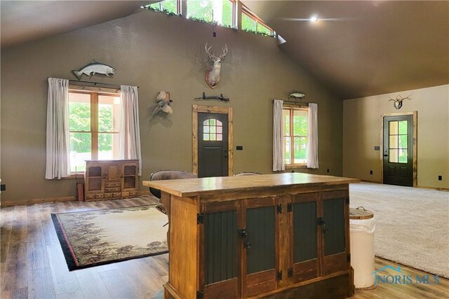 1673 Evan Dr, Defiance, OH 43512 - kitchen featuring high vaulted ceiling, light wood-style floors, open floor plan, a center island, and baseboards