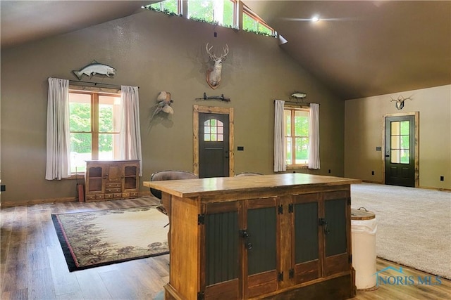 1673 Evan Dr, Defiance, OH 43512 - kitchen featuring high vaulted ceiling, light wood-style floors, open floor plan, and a center island