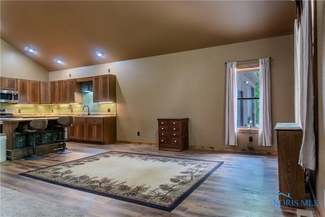 1673 Evan Dr, Defiance, OH 43512 - kitchen with appliances with stainless steel finishes, light countertops, brown cabinets, light wood finished floors, and vaulted ceiling