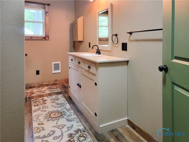 1673 Evan Dr, Defiance, OH 43512 - bathroom with vanity, wood finished floors, and a textured wall