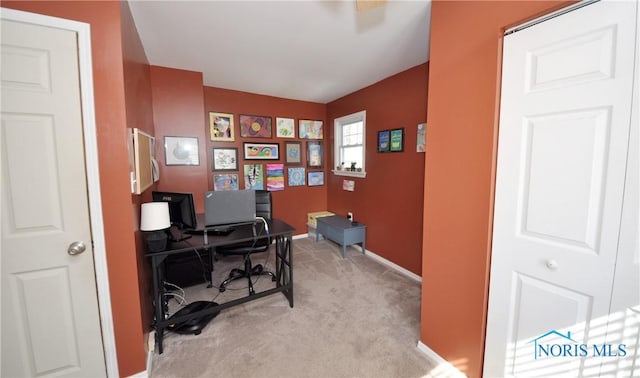 office area with baseboards and light colored carpet