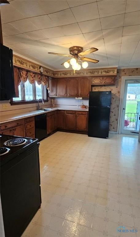 740 E Main St, Ottawa, OH 45875 - kitchen with a ceiling fan, a sink, black appliances, and a healthy amount of sunlight