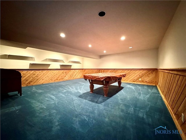 1965 Colwell Cir, Defiance, OH 43512 - recreation room with wainscoting, carpet, recessed lighting, wood walls, and billiards