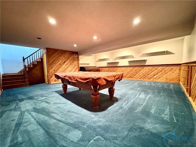 1965 Colwell Cir, Defiance, OH 43512 - rec room with carpet floors, billiards, wooden walls, and recessed lighting