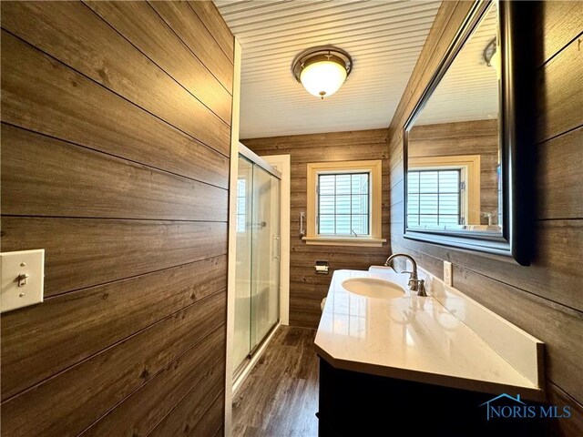 1965 Colwell Cir, Defiance, OH 43512 - bathroom with a shower stall, vanity, wood finished floors, and wooden walls