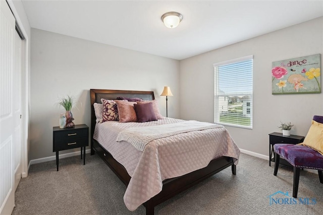 carpeted bedroom featuring baseboards and a closet
