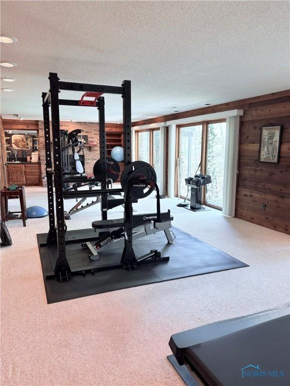 exercise area with wooden walls, a textured ceiling, and carpet