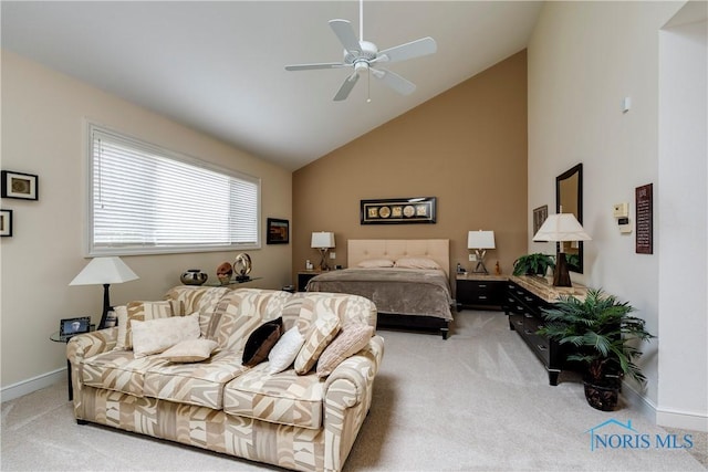 bedroom with light colored carpet, baseboards, a ceiling fan, and high vaulted ceiling
