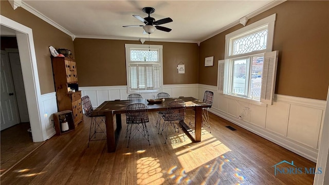 office featuring visible vents, ornamental molding, ceiling fan, and wainscoting