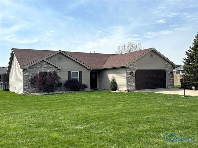 806 Springdale Dr, Paulding, OH 45879 - ranch-style house featuring a garage, a front lawn, driveway, and stone siding