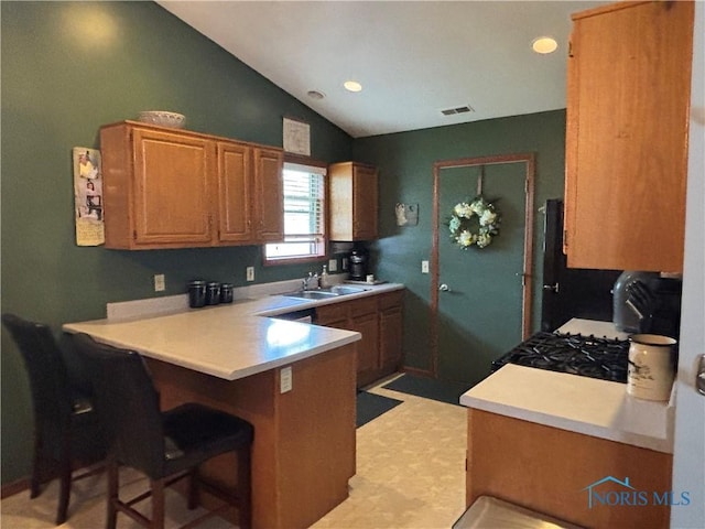 806 Springdale Dr, Paulding, OH 45879 - kitchen with visible vents, a peninsula, a kitchen bar, light countertops, and a sink