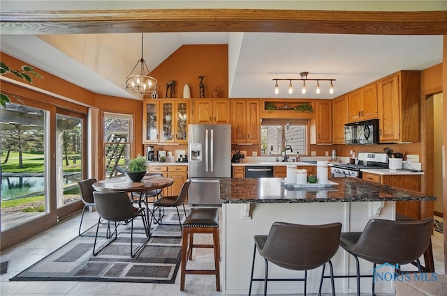 kitchen with a kitchen bar, plenty of natural light, track lighting, and stainless steel appliances