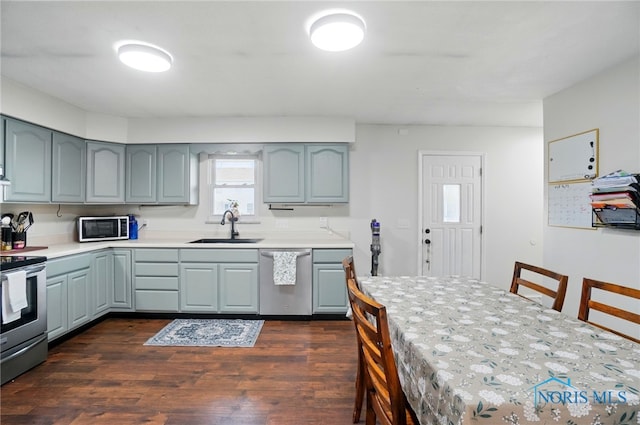 kitchen featuring a sink, light countertops, stainless steel appliances, and dark wood-type flooring
