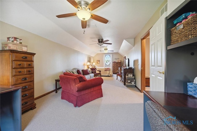 living area featuring vaulted ceiling, ceiling fan, light carpet, baseboards, and visible vents