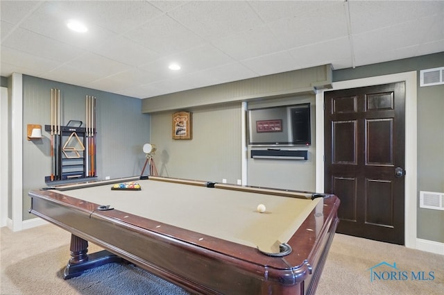 game room with visible vents, light carpet, and baseboards