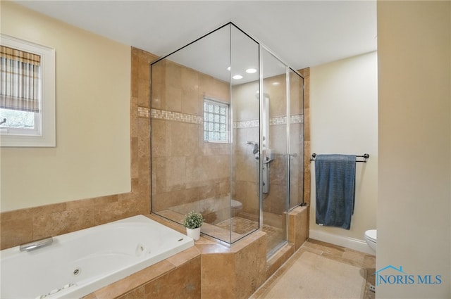 bathroom featuring toilet, recessed lighting, a tub with jets, and a shower stall