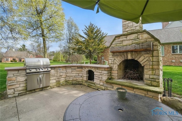 view of patio / terrace with area for grilling, an outdoor kitchen, and an outdoor stone fireplace