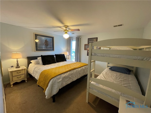 bedroom with ceiling fan, baseboards, visible vents, and carpet flooring